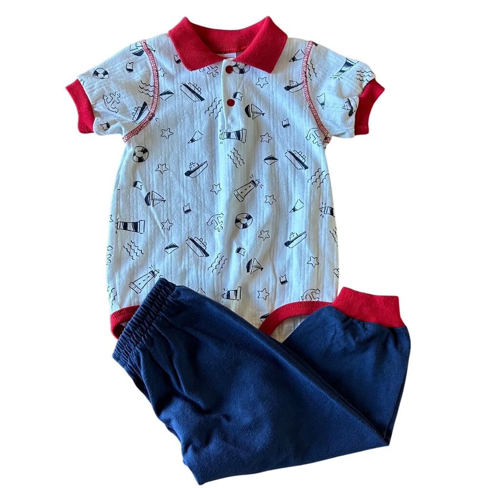 Buster Brown Vtg Baby Boys Size 18 Months Polo Shirt & Pants Set Nautical Sailor